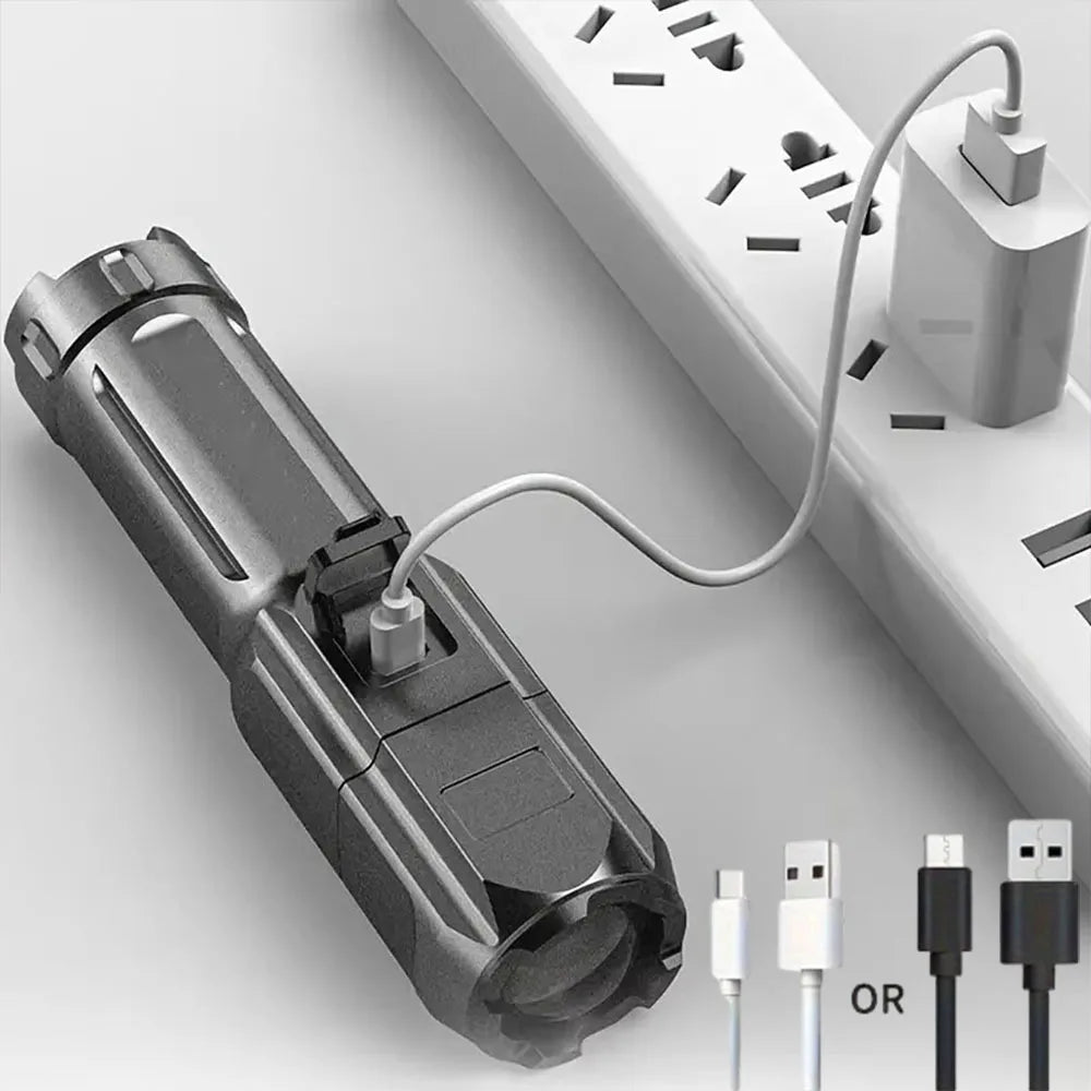 Super Bright Zoomable Flashlight LED Light USB Rechargeable Handheld Torch Waterproof 3 Modes Waterproof for Outdoor Camping
