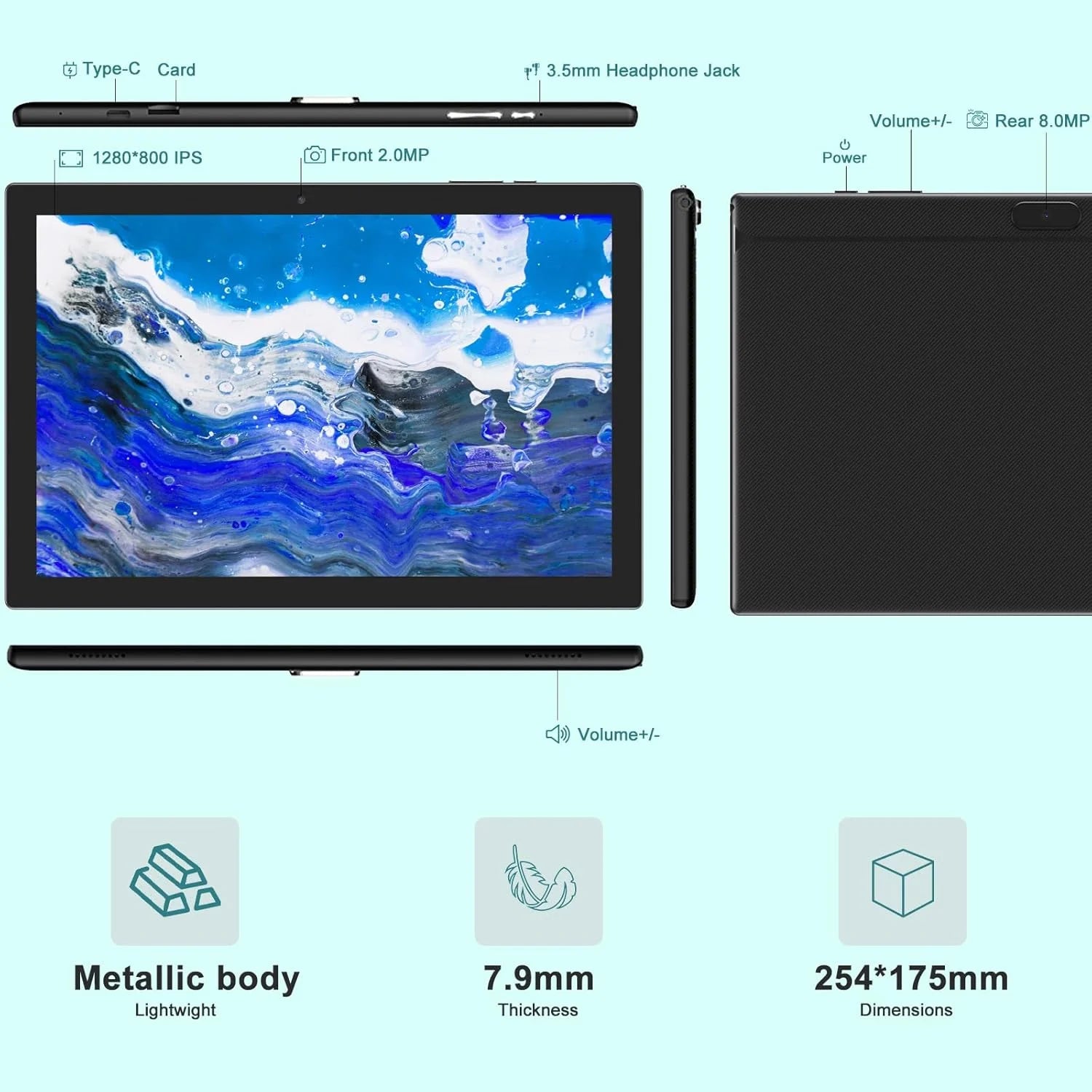 10.1 Inch Android 14 Tablet PC, 2025 Newest Tablet with Keyboard, 8GB+64GB Storage 1TB Expandable, Quad-Core Processor, 8MP Dual Camera, 6000Mah, Wifi, GPS, Bluetooth, 1280X800 IPS Full HD Display