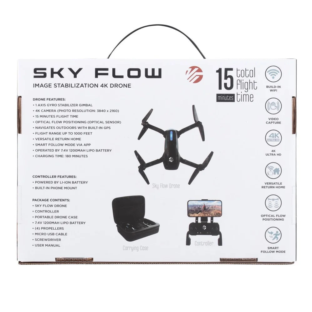 Sky Flow 4K Aerial Camera Drone Image Stabilization & Carrying Case, Black