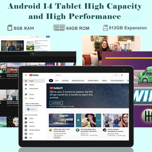 10.1 Inch Android 14 Tablet PC, 2025 Newest Tablet with Keyboard, 8GB+64GB Storage 1TB Expandable, Quad-Core Processor, 8MP Dual Camera, 6000Mah, Wifi, GPS, Bluetooth, 1280X800 IPS Full HD Display