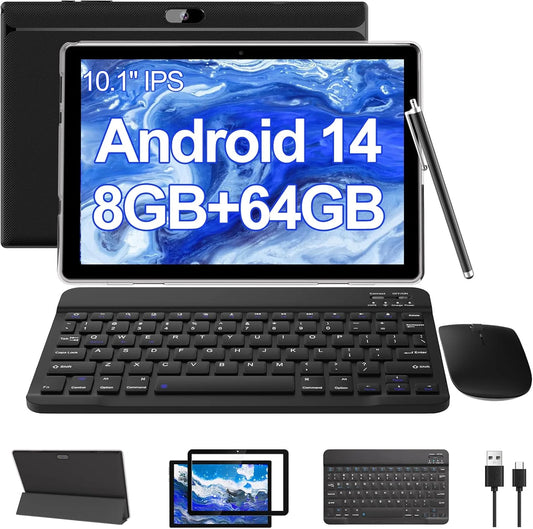 10.1 Inch Android 14 Tablet PC, 2025 Newest Tablet with Keyboard, 8GB+64GB Storage 1TB Expandable, Quad-Core Processor, 8MP Dual Camera, 6000Mah, Wifi, GPS, Bluetooth, 1280X800 IPS Full HD Display