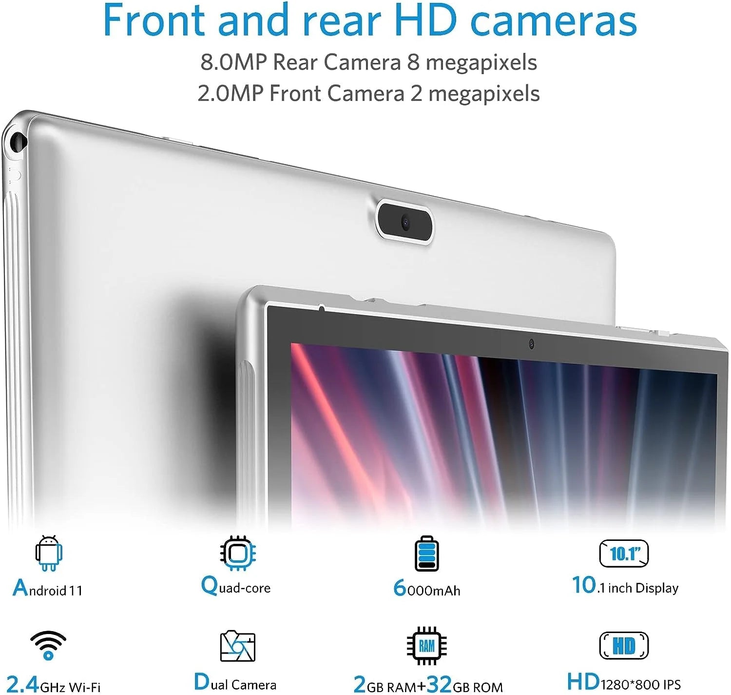 10 Inch Tablet, Google Android 14 Tablet, Quad-Core Processor Tableta Computer with 32GB ROM 6GB RAM 8MP Camera Wifi BT 10.1 in HD Display, 6000Mah Long Battery Life Tablet, Silver