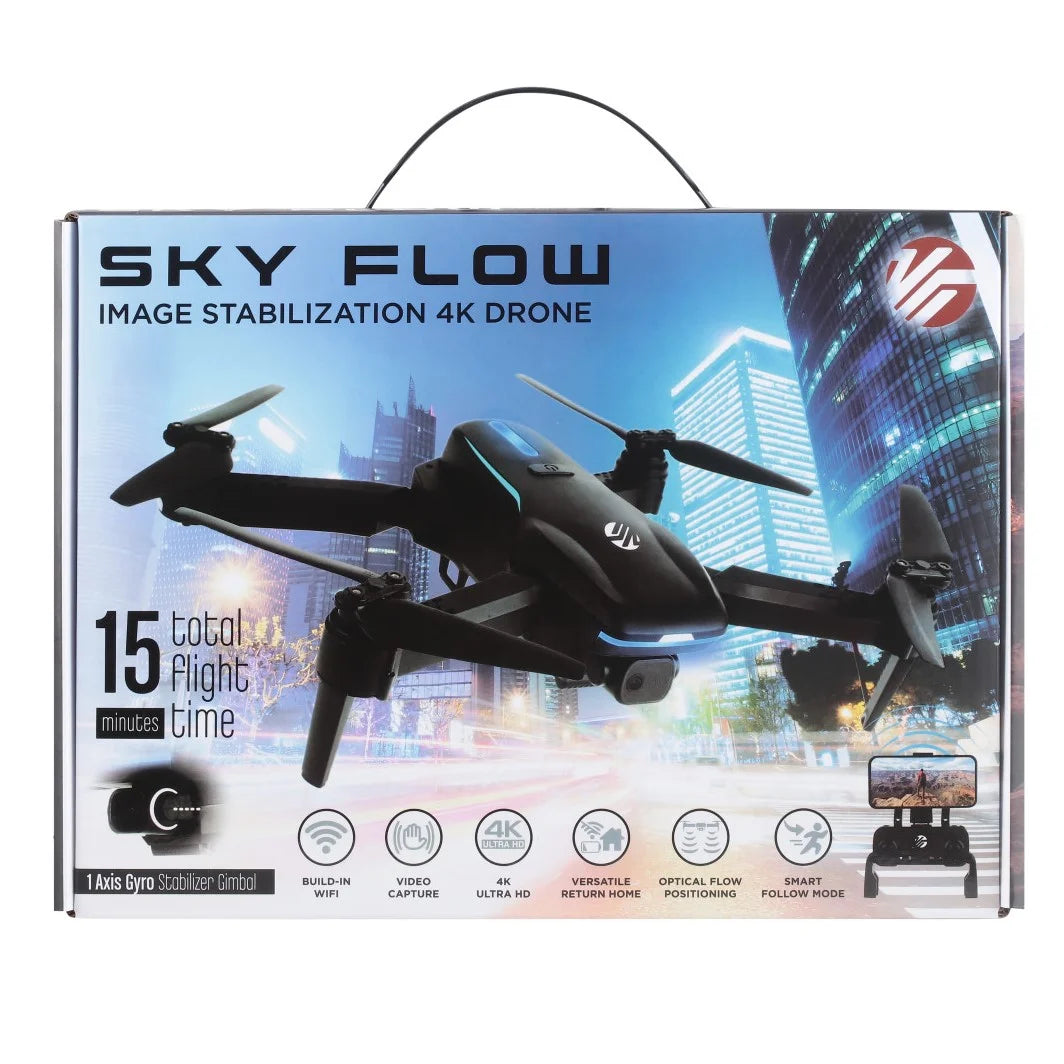 Sky Flow 4K Aerial Camera Drone Image Stabilization & Carrying Case, Black